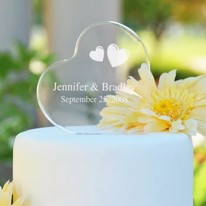 Wedding Cake Toppers - Glass Heart Shaped Topper On White Cake